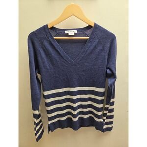 Lacoste Womens Navy Blue White Striped V-Neck Merino Wool Sweater Size 40 US M